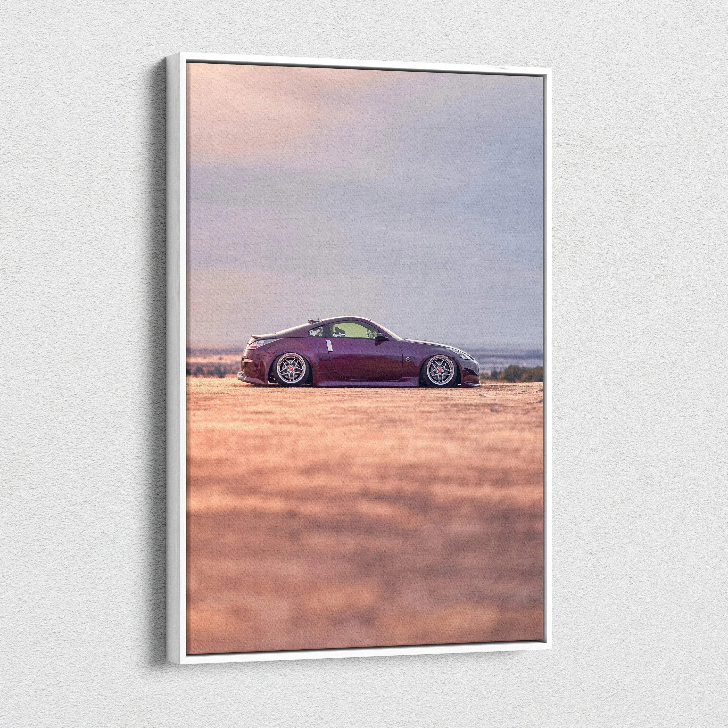 Nissan 350z canvas art with purple car parked on desert landscape, vertical wall art print.