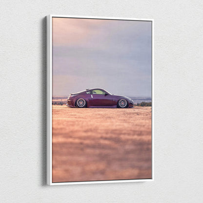 Nissan 350z canvas art with purple car parked on desert landscape, vertical wall art print.