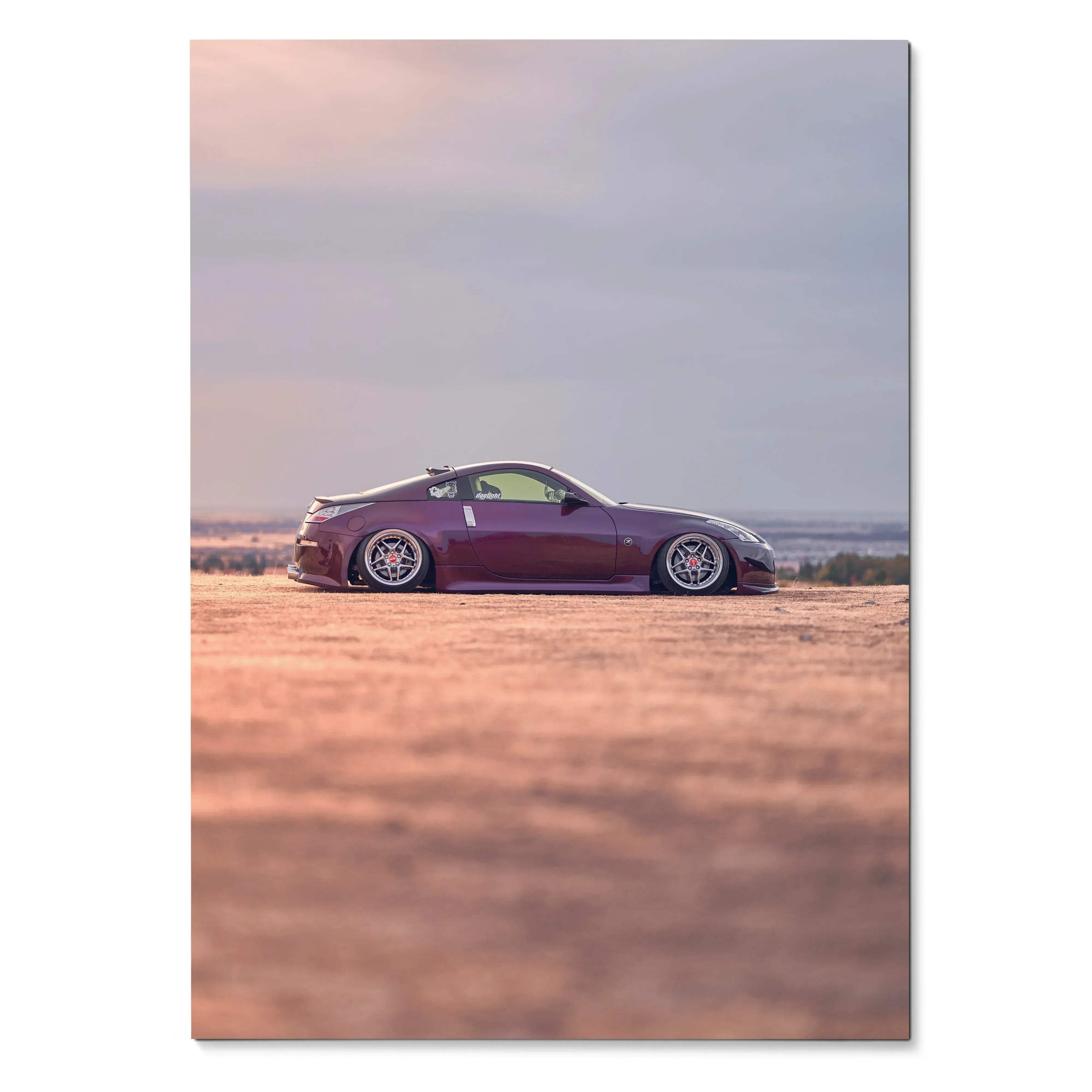 Nissan 350z in purple with lowered stance on desert road poster wall art.