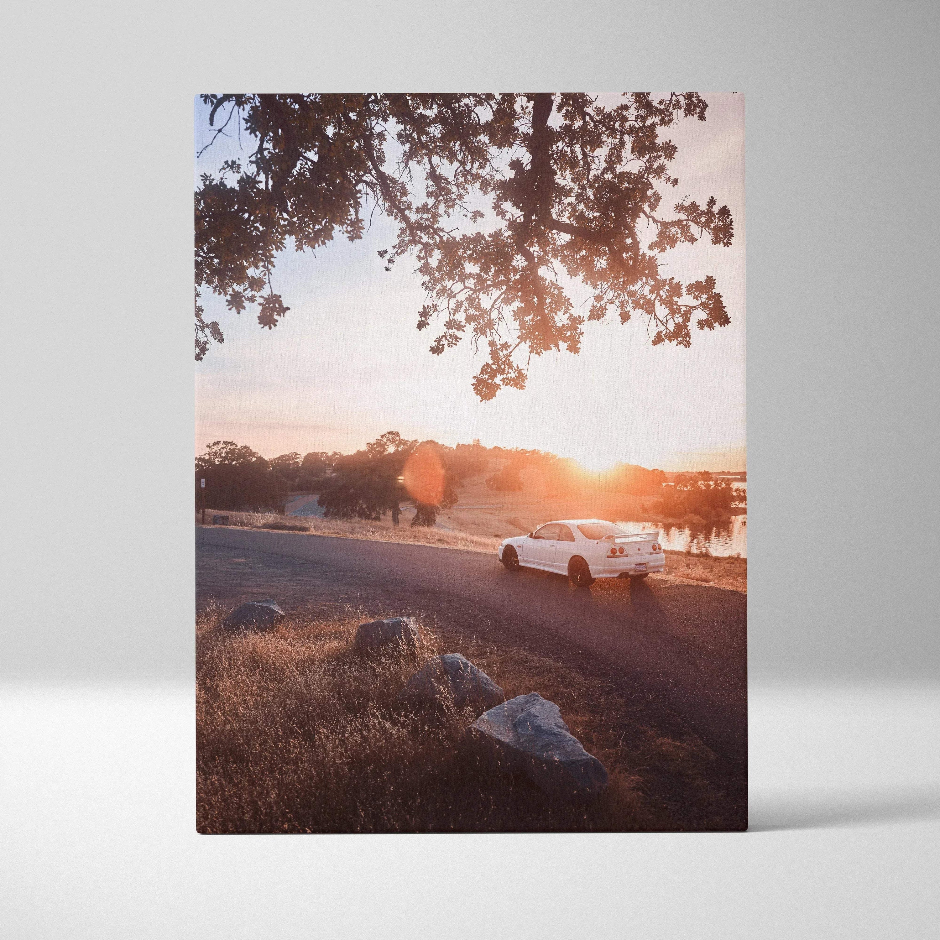 Nissan R33 GTS-T parked by sunset with warm tones on vertical canvas wall art.