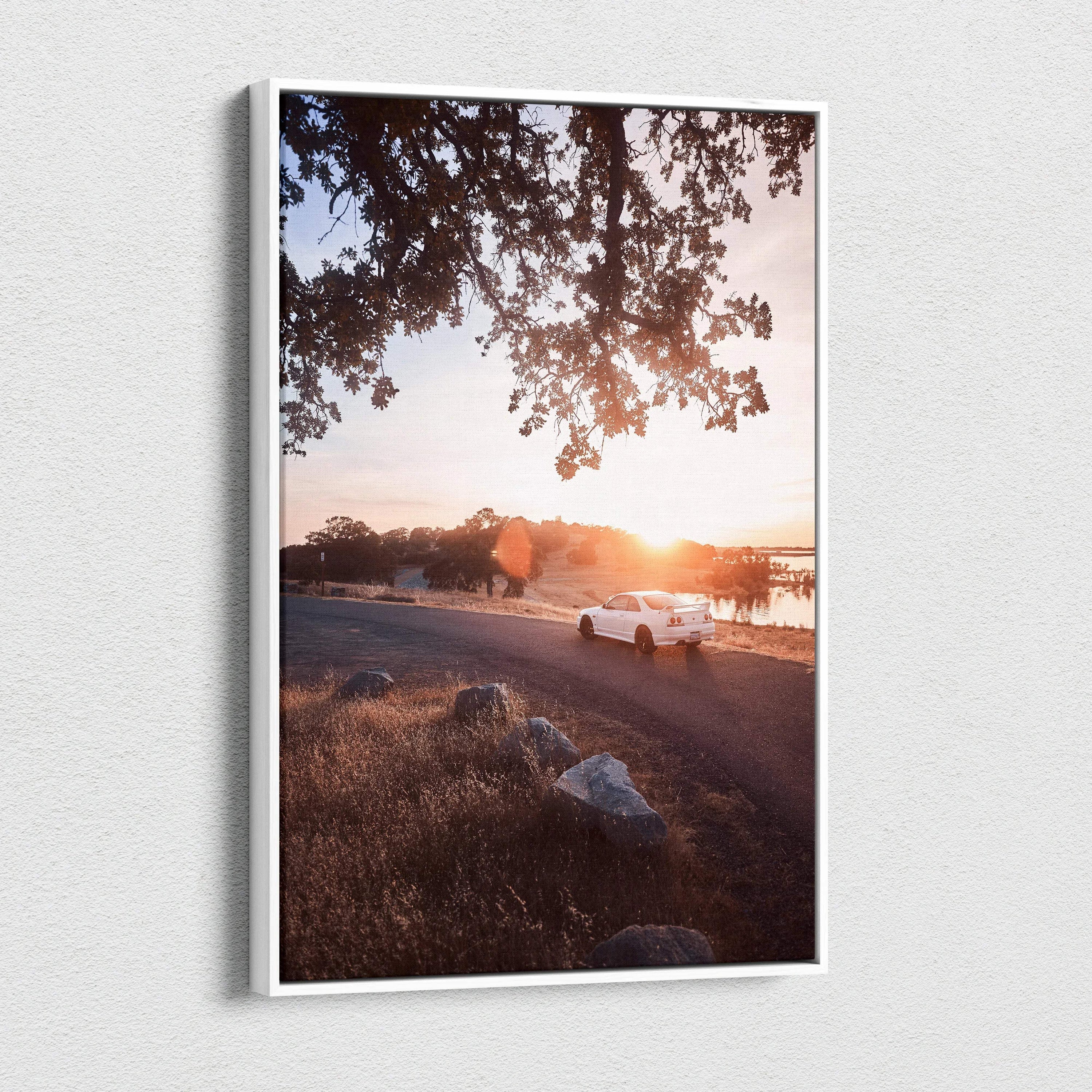 Nissan R33 GTS-T sunset scene canvas wall art with warm light and natural landscape.
