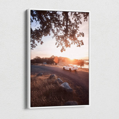 Nissan R33 GTS-T sunset scene canvas wall art with warm light and natural landscape.