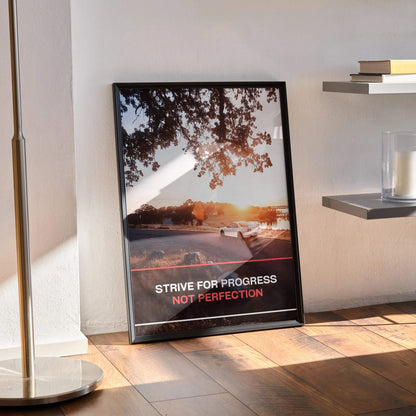 Motivational poster wall art featuring Nissan R33 Skyline GTS-T with inspiring sunset text.