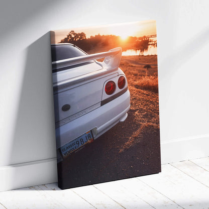 Nissan R33 GTS-T rear view in sunset canvas wall art with warm orange light and detailed car features.