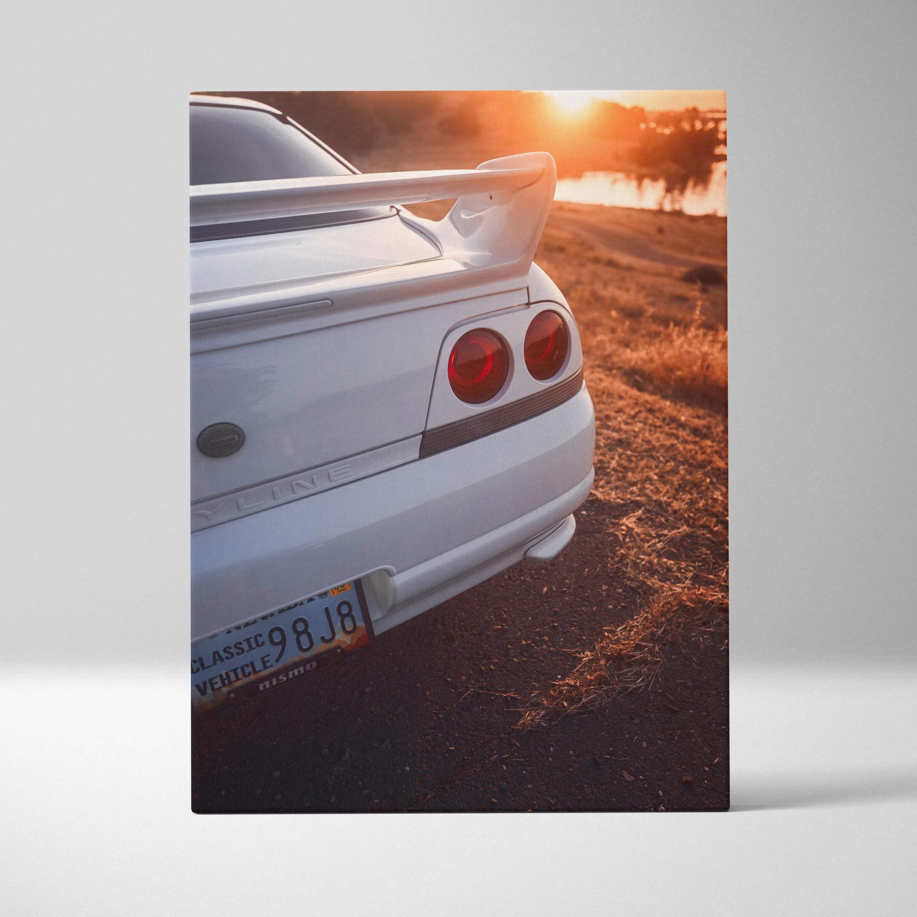 Nissan R33 GTS-T rear close-up at sunset canvas wall art with warm lighting and detailed taillights.