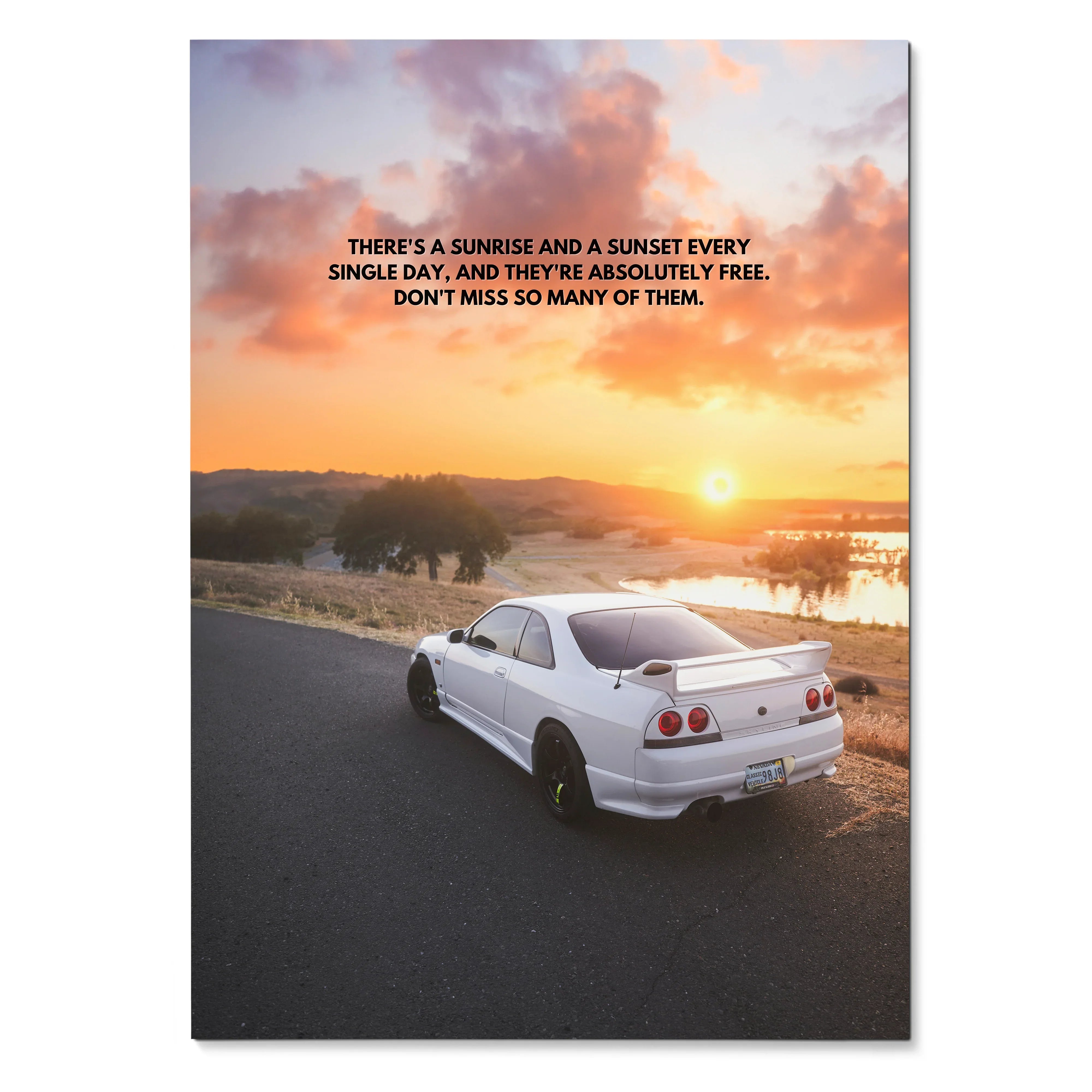 Motivational poster wall art featuring white Nissan R33 Skyline GTS-T at sunset on scenic road.