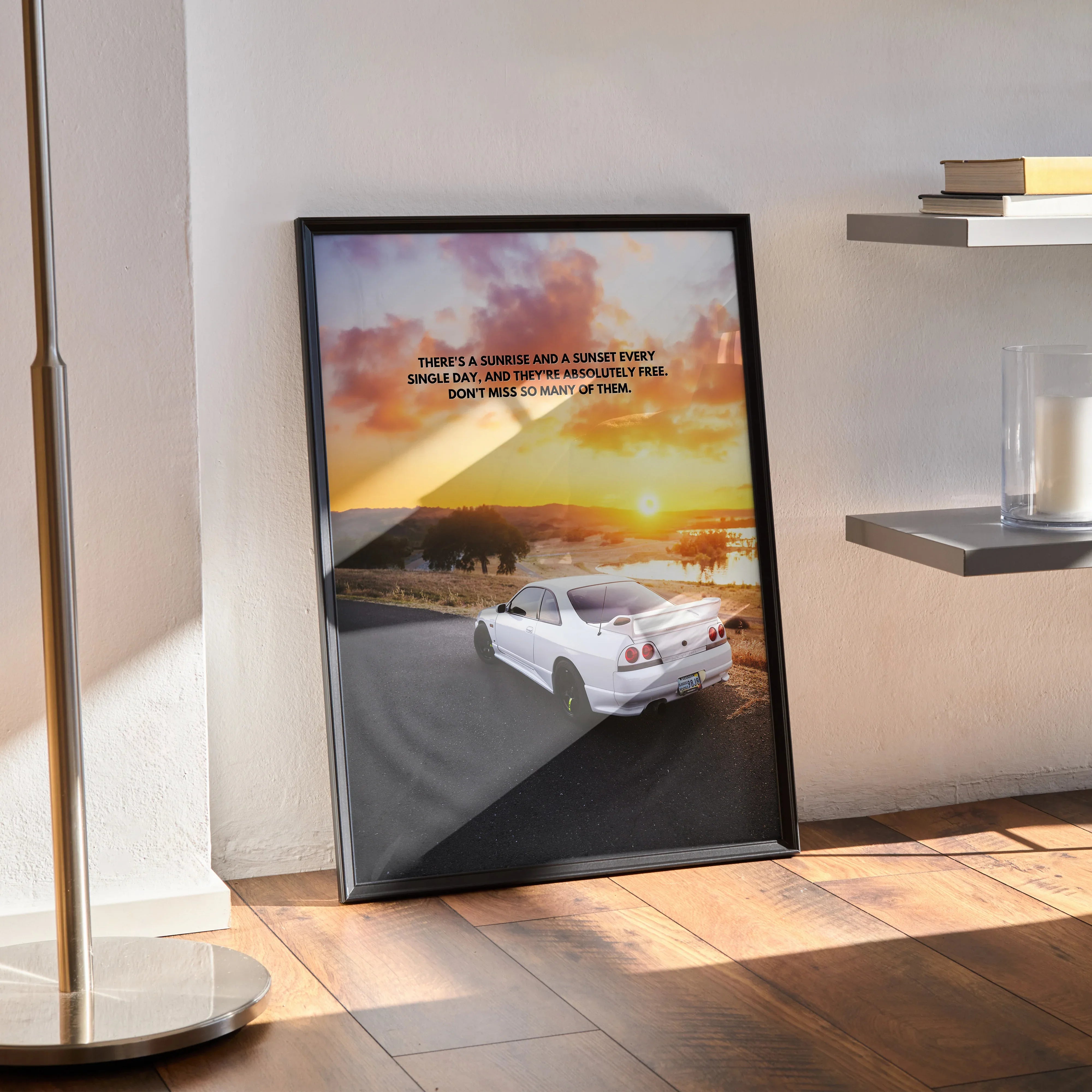 Motivational poster wall art featuring white Nissan R33 Skyline GTS-T driving at sunset on winding road.