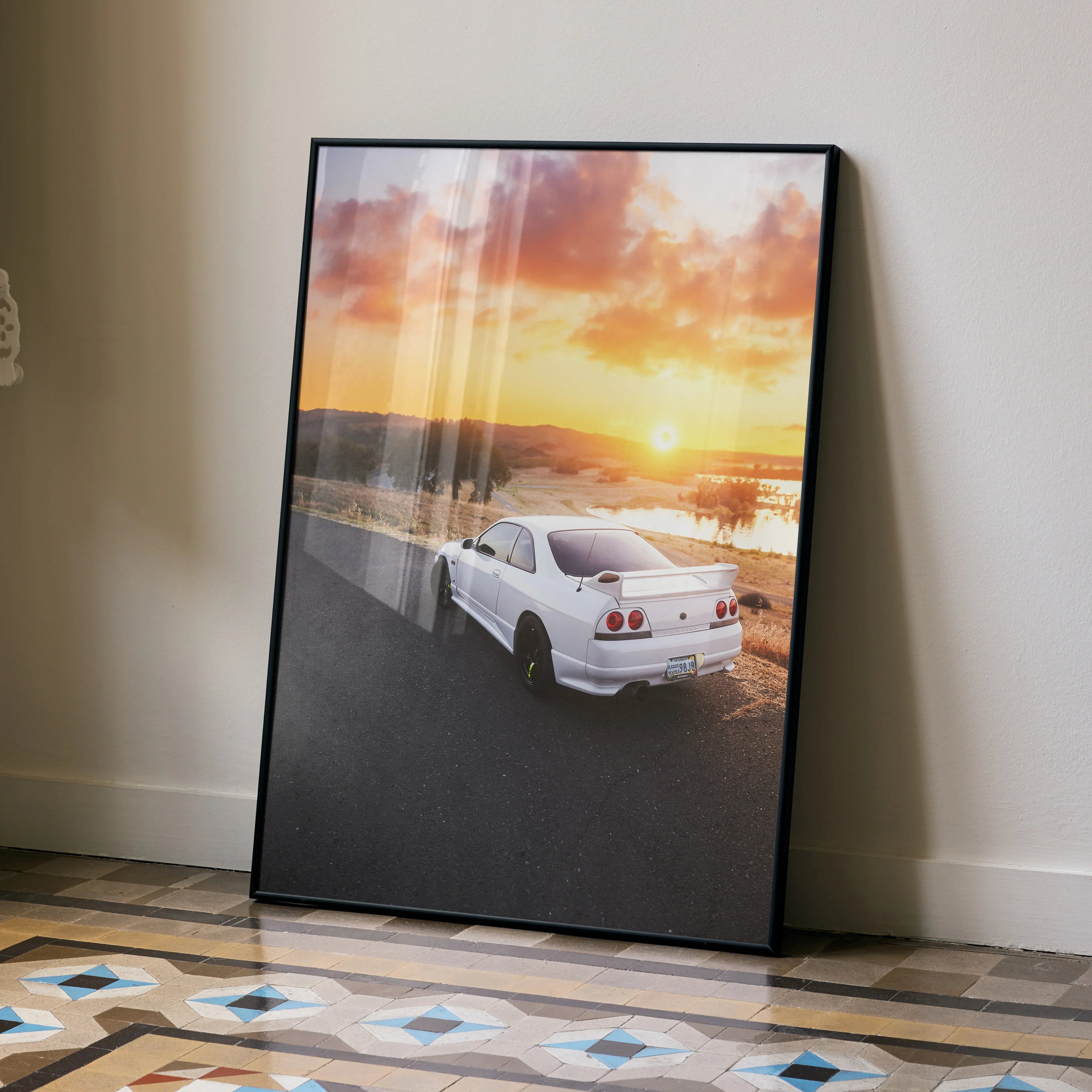 Nissan Skyline R33 GTS-T poster with sunset beach scene, premium automotive wall art.