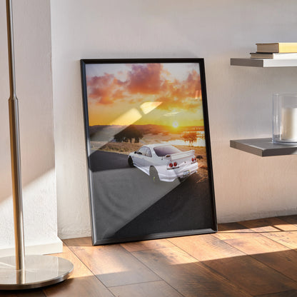 Nissan Skyline R33 GTS-T poster with sunset background, premium automotive wall art.