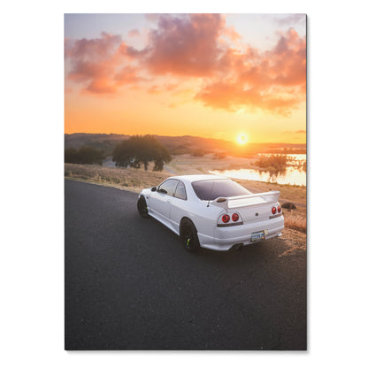 Nissan Skyline R33 GTS-T parked on road at sunset poster wall art with vibrant sky colors.