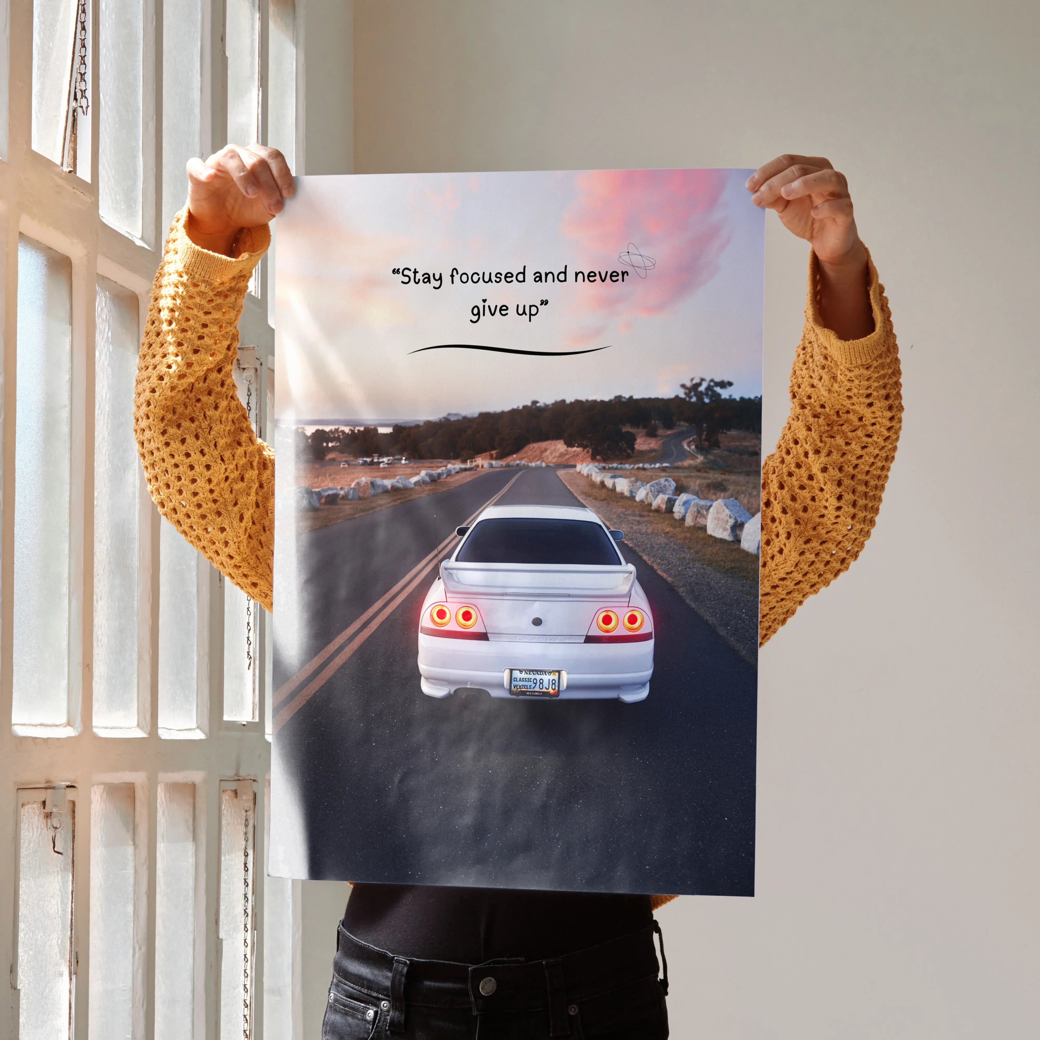 Motivational poster wall art featuring Nissan R33 Skyline GTS-T on road with inspiring text.