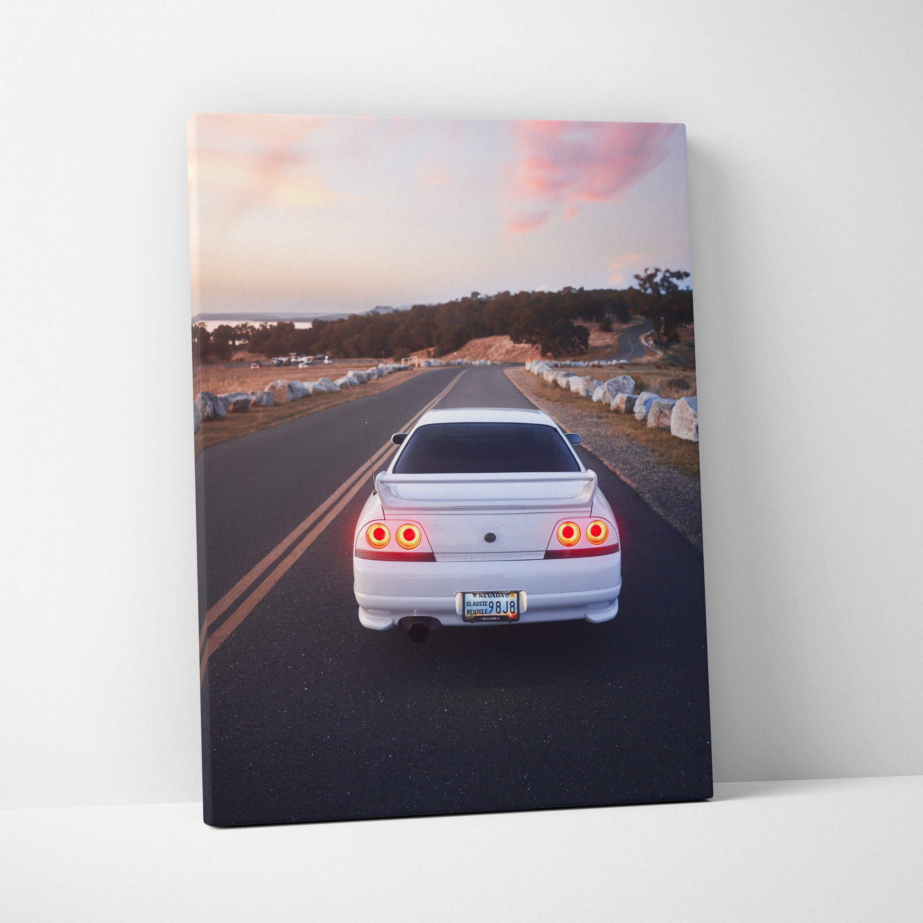 Nissan R33 GTS-T car driving on road at sunset vertical canvas wall art print.