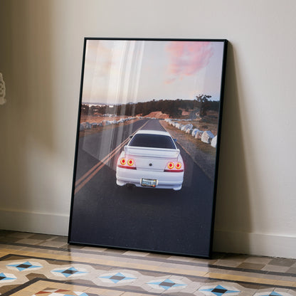 Nissan Skyline R33 GTS-T rear view driving on road at sunset poster wall art print.