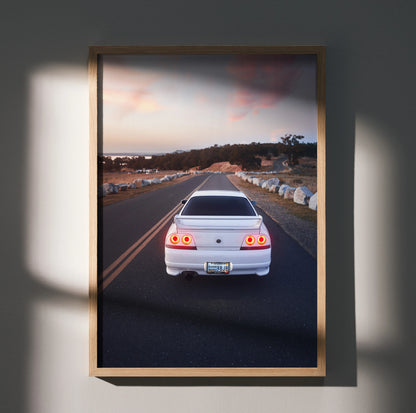 Nissan Skyline R33 GTS-T rear view poster with sunset road scene wall art print.