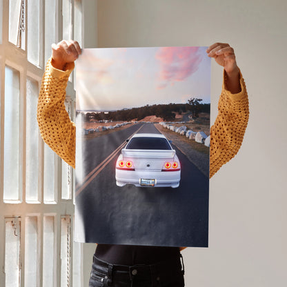 Nissan Skyline R33 GTS-T rear view on road poster wall art print with sunset sky.