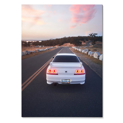 Nissan Skyline R33 GTS-T rear view on road at sunset poster wall art print.