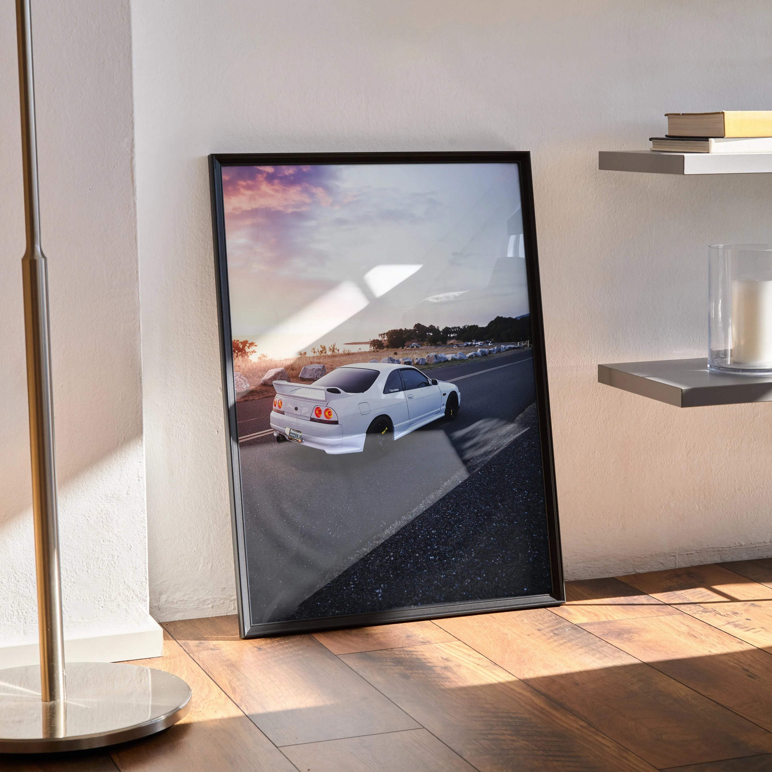 Nissan Skyline R33 GTS-T poster with white car at sunset, modern automotive wall art in black frame.