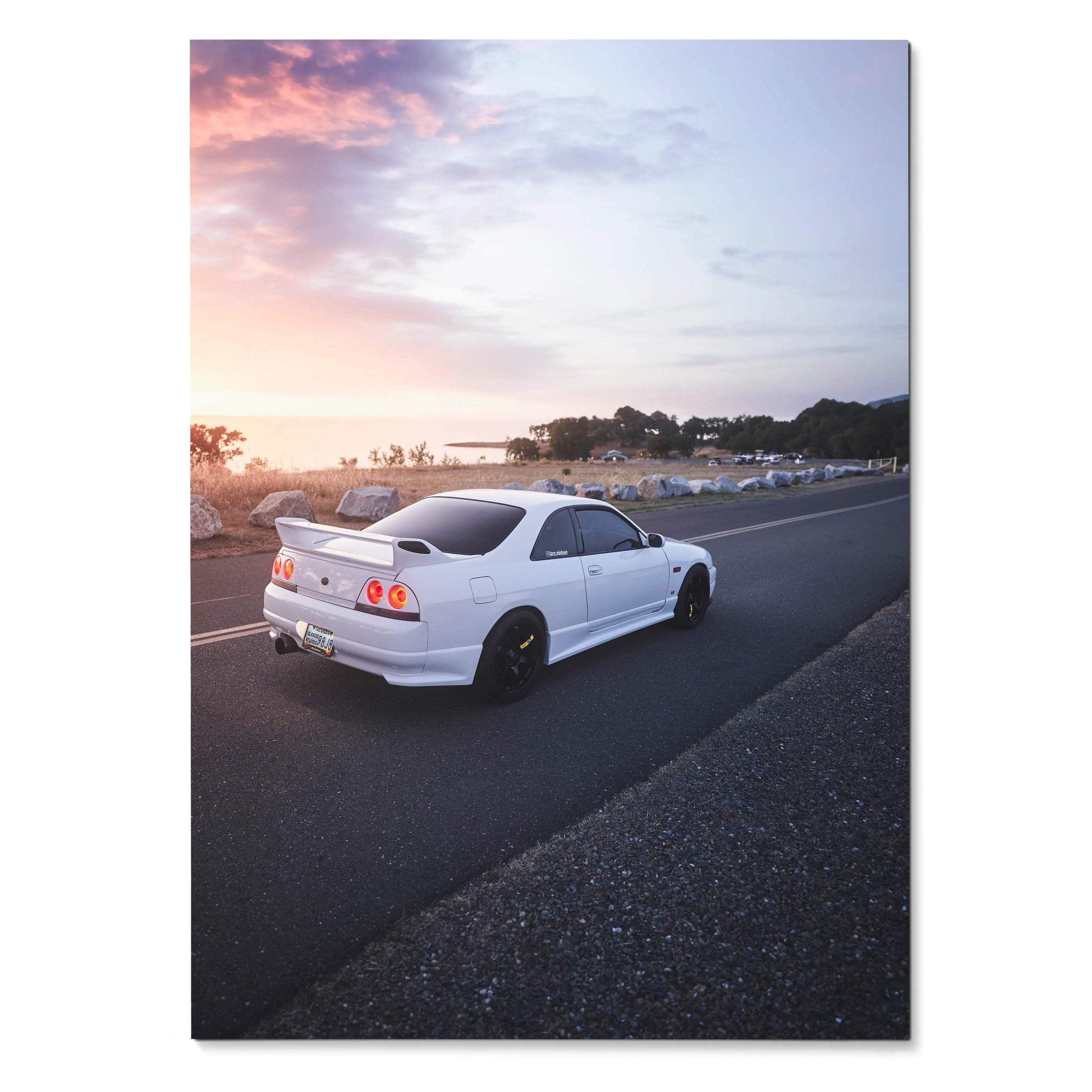 Nissan Skyline R33 GTS-T white sports car parked on sunset road poster wall art.