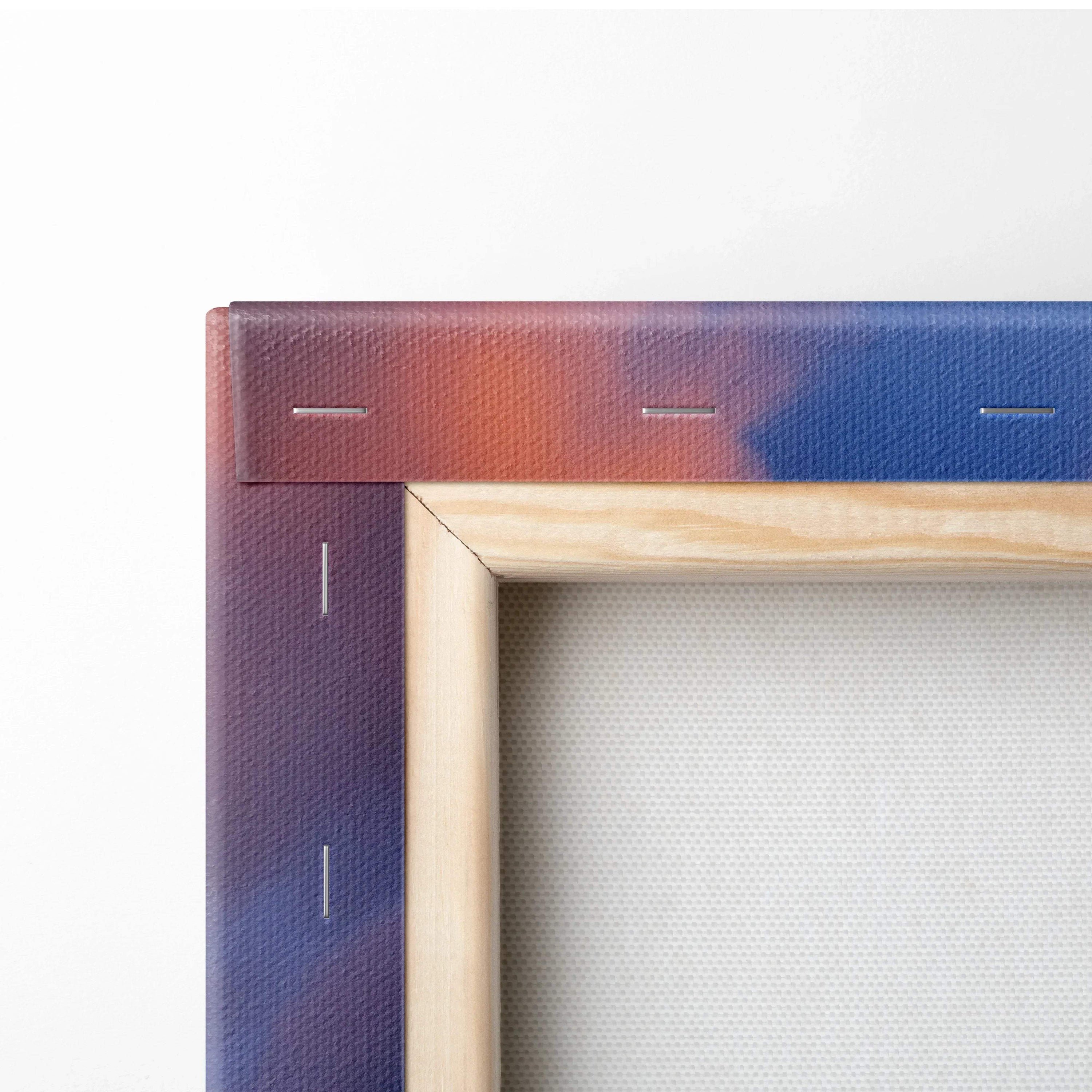 Close-up of wooden frame and corner stitching on vertical Nissan R33 GTS-T sunset canvas wall art.