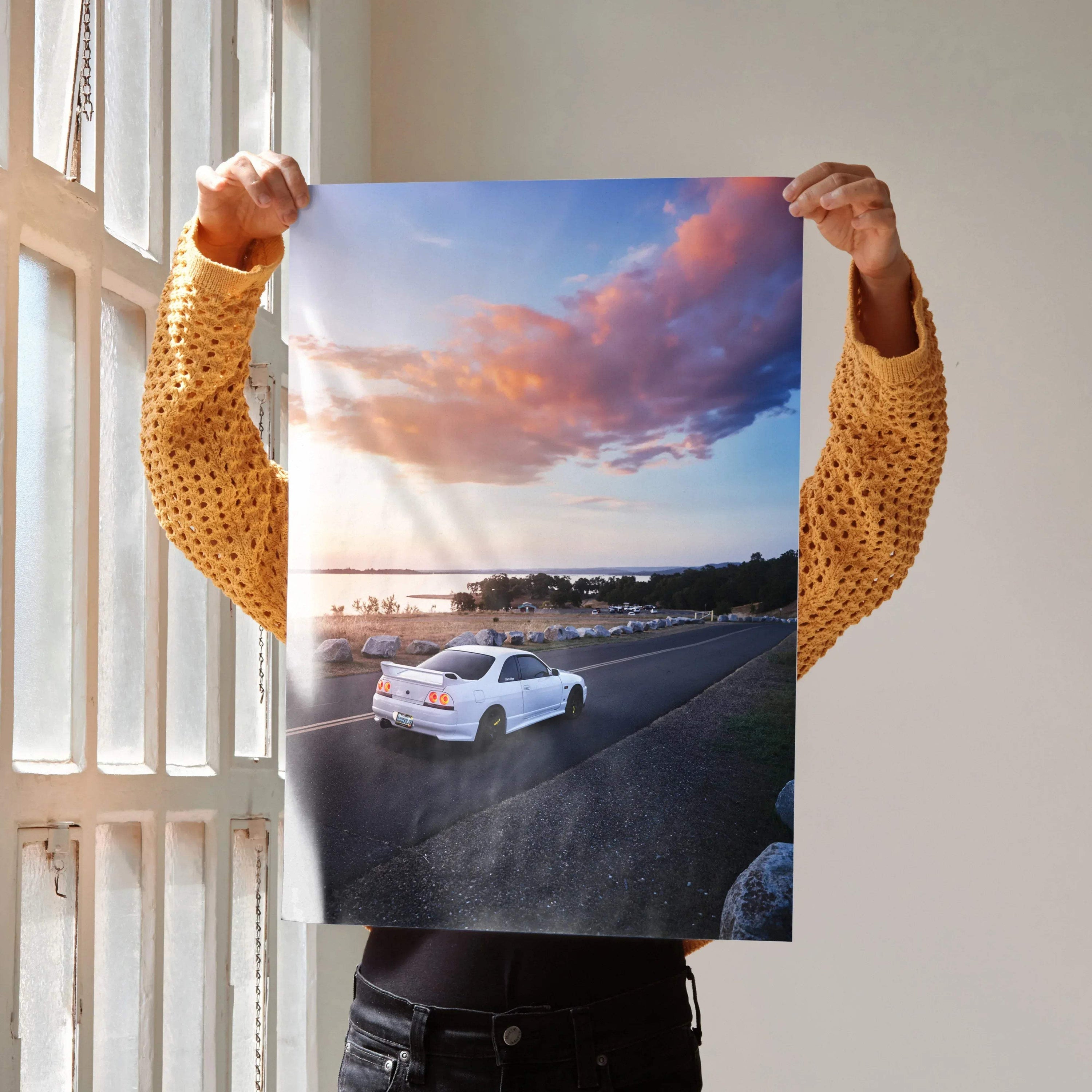 Nissan R33 GTS-T car on road at sunset vibrant poster wall art with colorful sky.