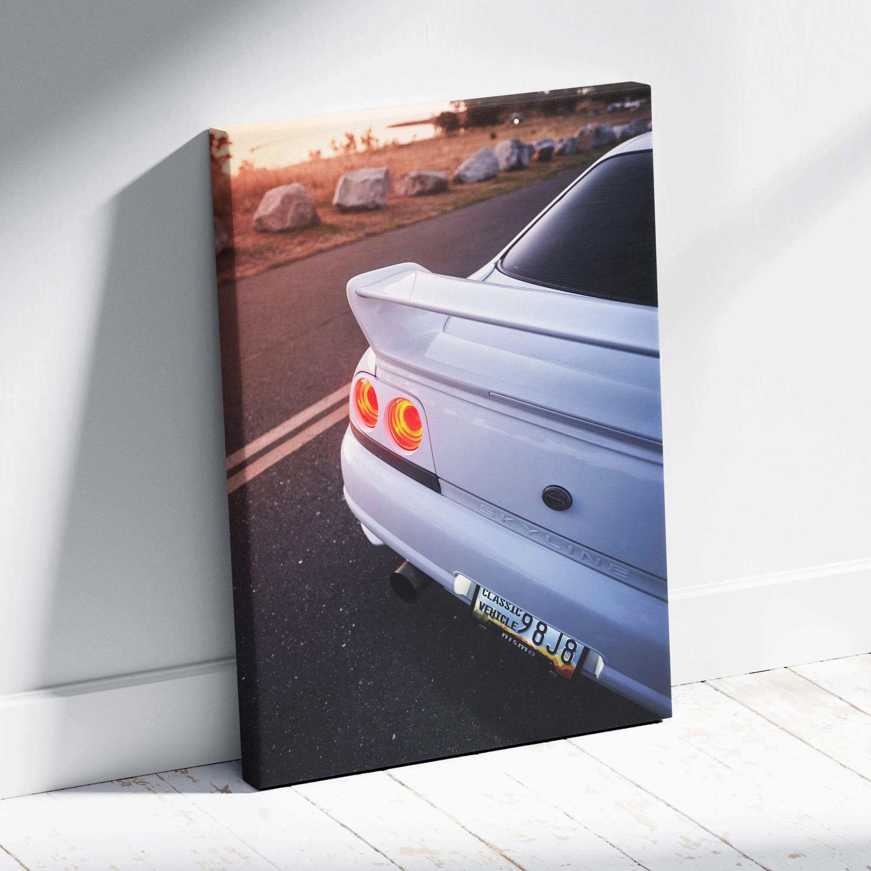 Nissan R33 GTS-T rear view with glowing taillights on vertical canvas wall art.
