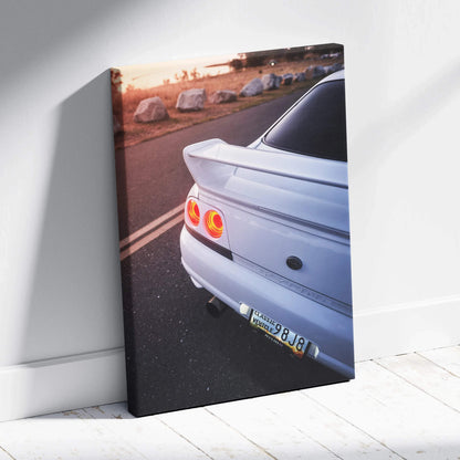 Nissan R33 GTS-T rear view with glowing taillights on vertical canvas wall art.