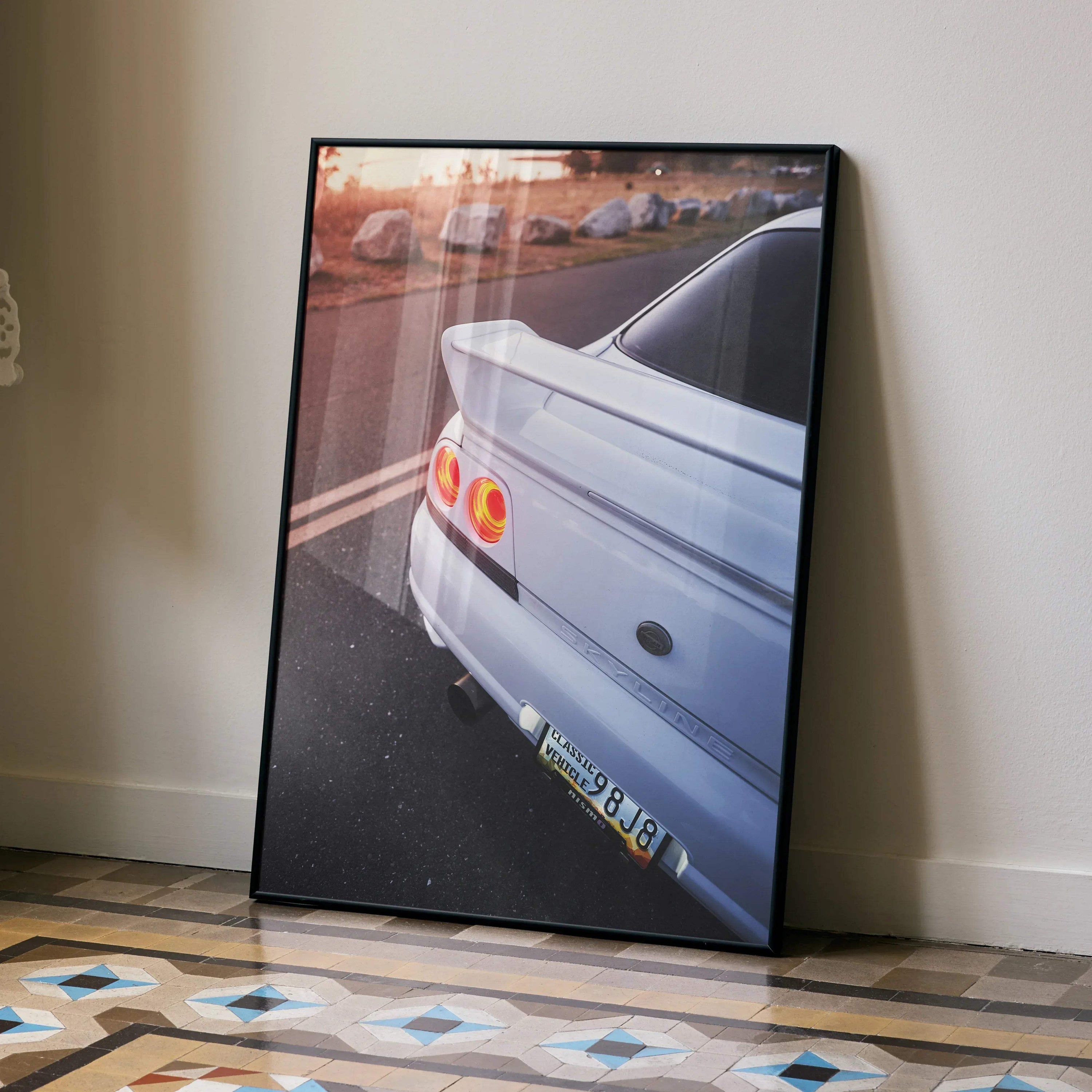 Nissan Skyline R33 GTS-T rear close-up poster wall art leaning against beige wall on patterned floor.