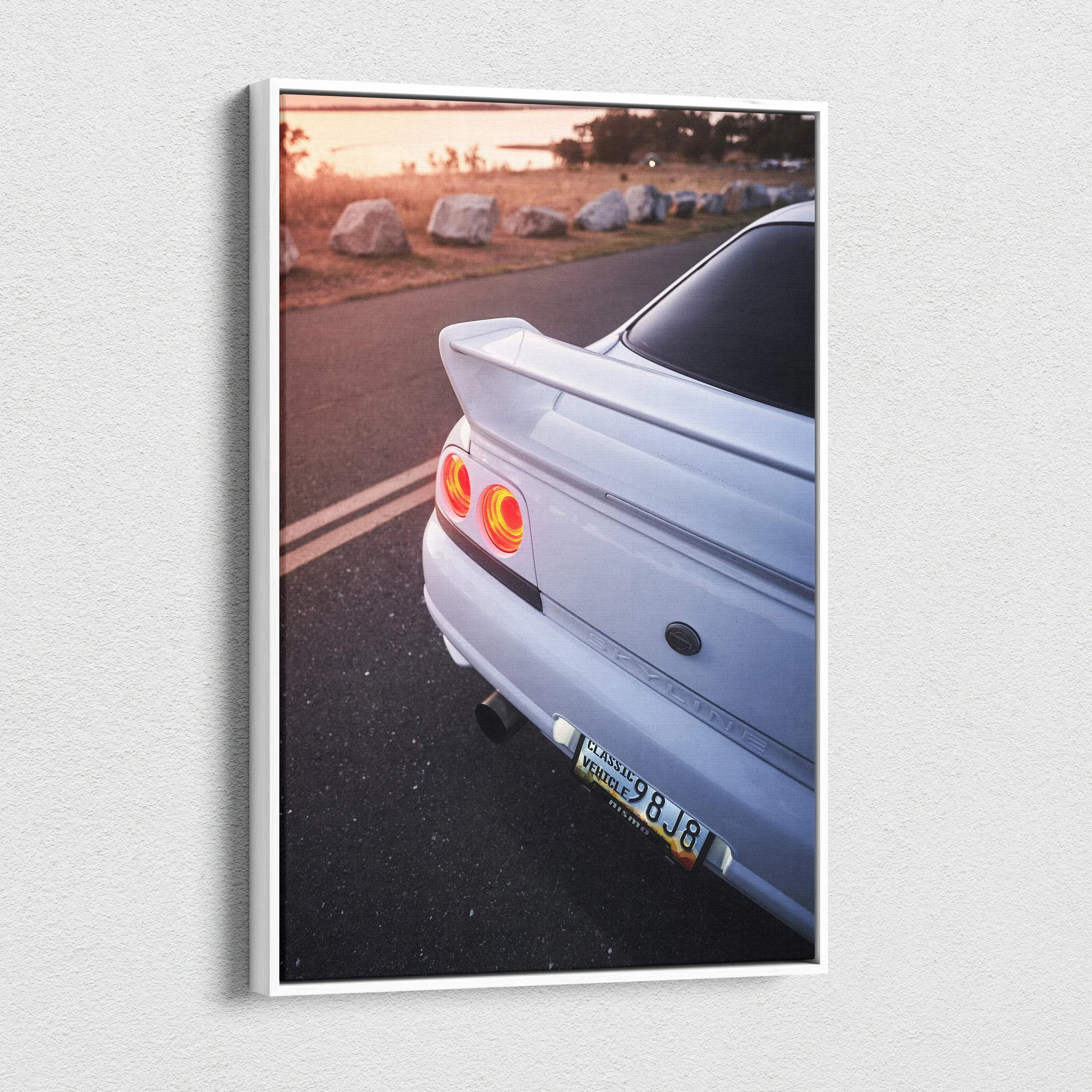 Nissan R33 GTS-T rear view at sunset canvas wall art with vibrant colors and fine detail.
