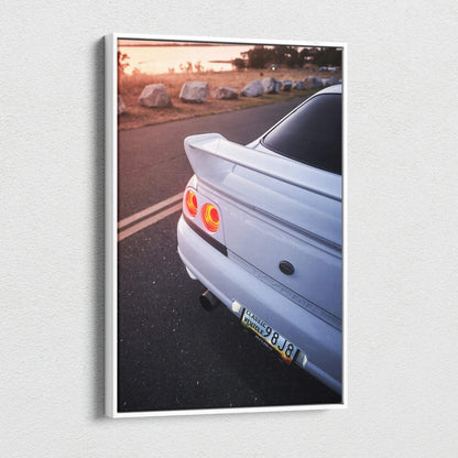 Nissan R33 GTS-T rear view at sunset canvas wall art with vibrant colors and fine detail.