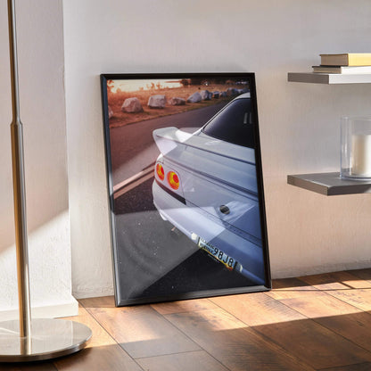 Nissan Skyline R33 GTS-T rear view poster leaning against wall, high-resolution wall art with sleek car details.