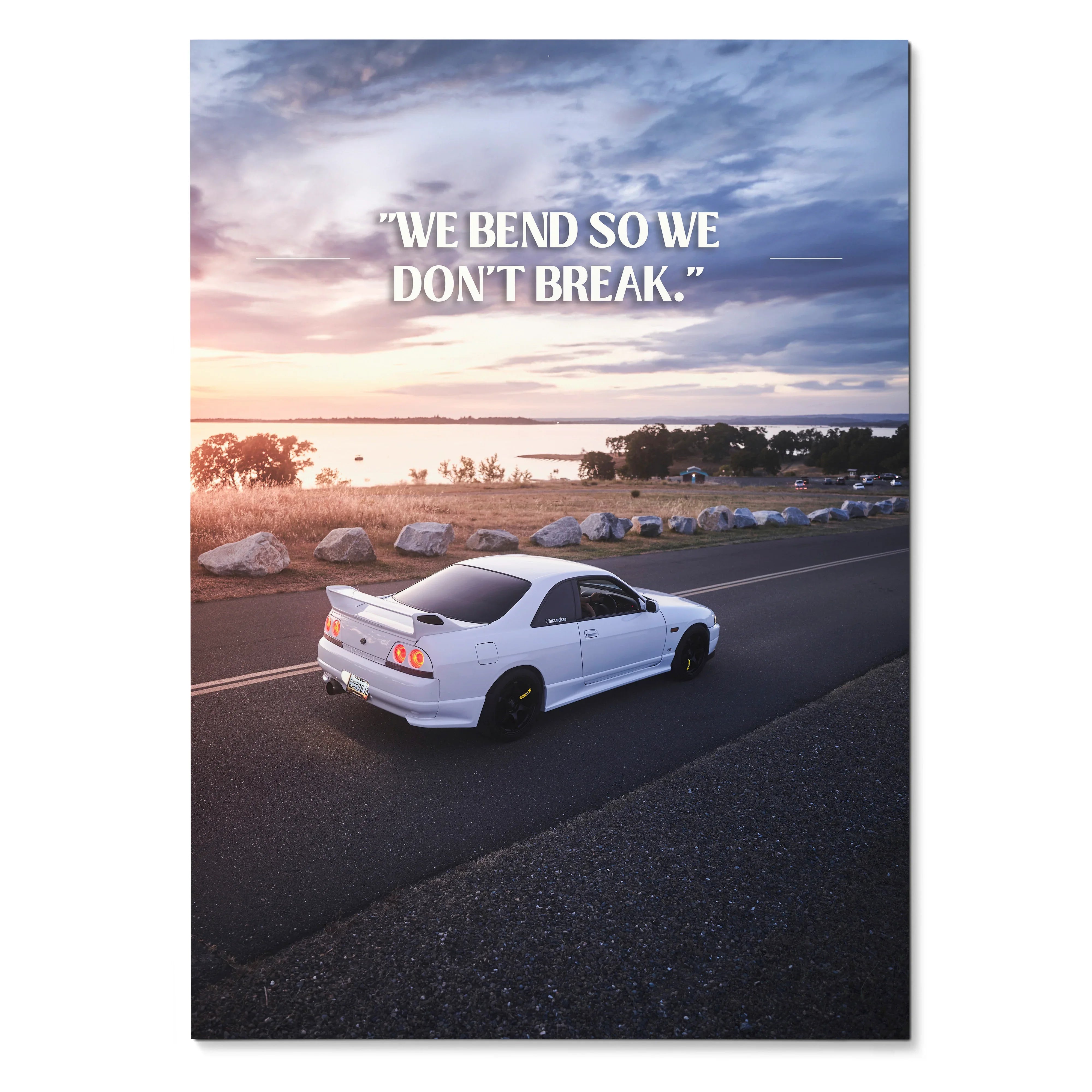 Nissan R33 Skyline GTS-T poster with sunset background and motivational text wall art.