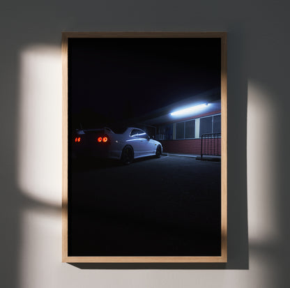 Nissan Skyline R33 GTS-T poster in dark night scene with glowing tail lights, modern wall art print.