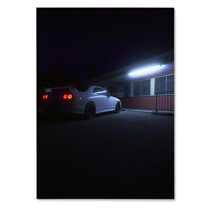 Nissan Skyline R33 GTS-T parked at night with glowing taillights poster wall art.
