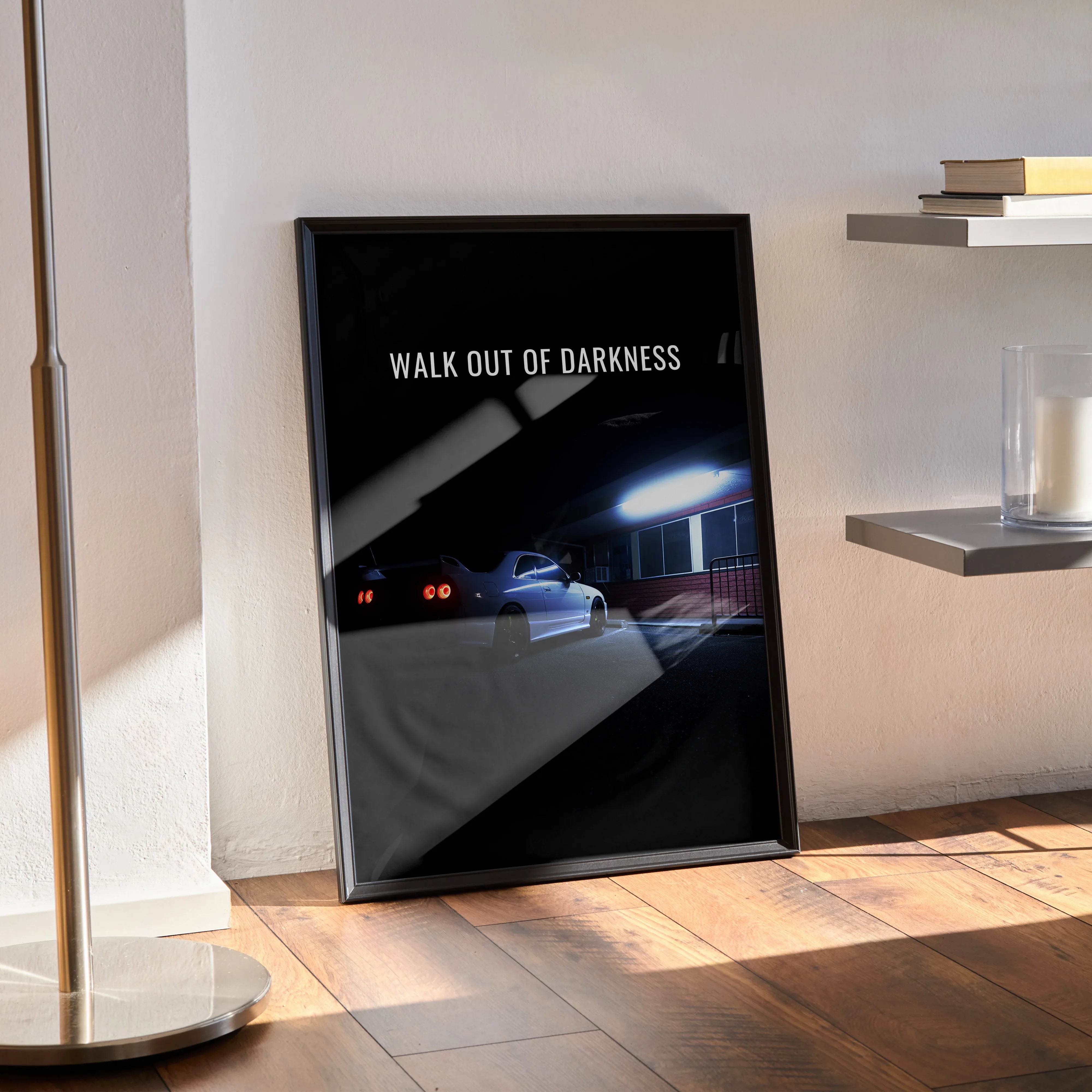 Nissan R33 Skyline GTS-T poster with "Walk Out of Darkness" text, modern wall art in black frame.