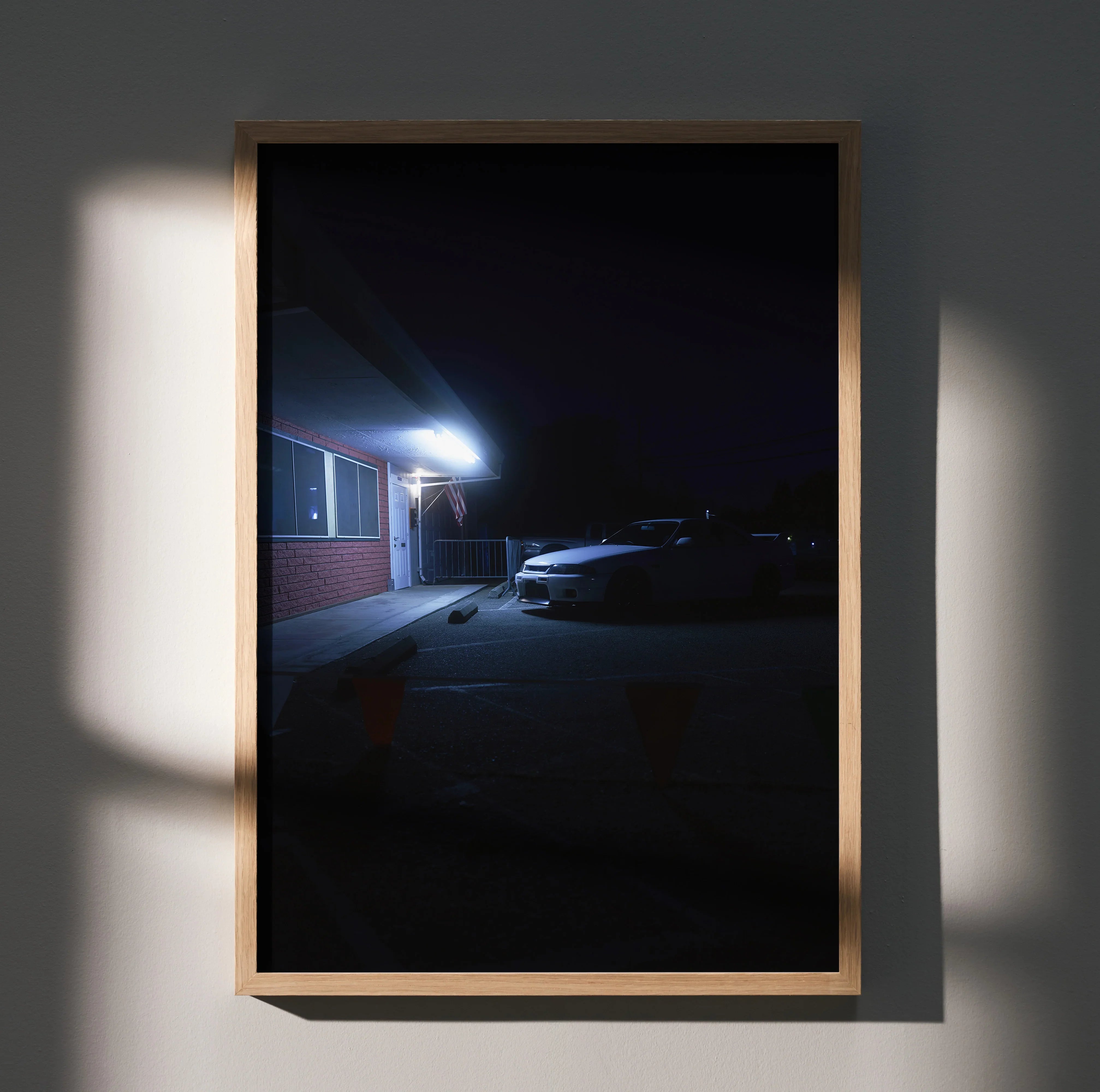 Nissan Skyline R33 GTS-T night scene poster wall art with dark moody lighting and car silhouette.