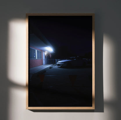 Nissan Skyline R33 GTS-T night scene poster wall art with dark moody lighting and car silhouette.