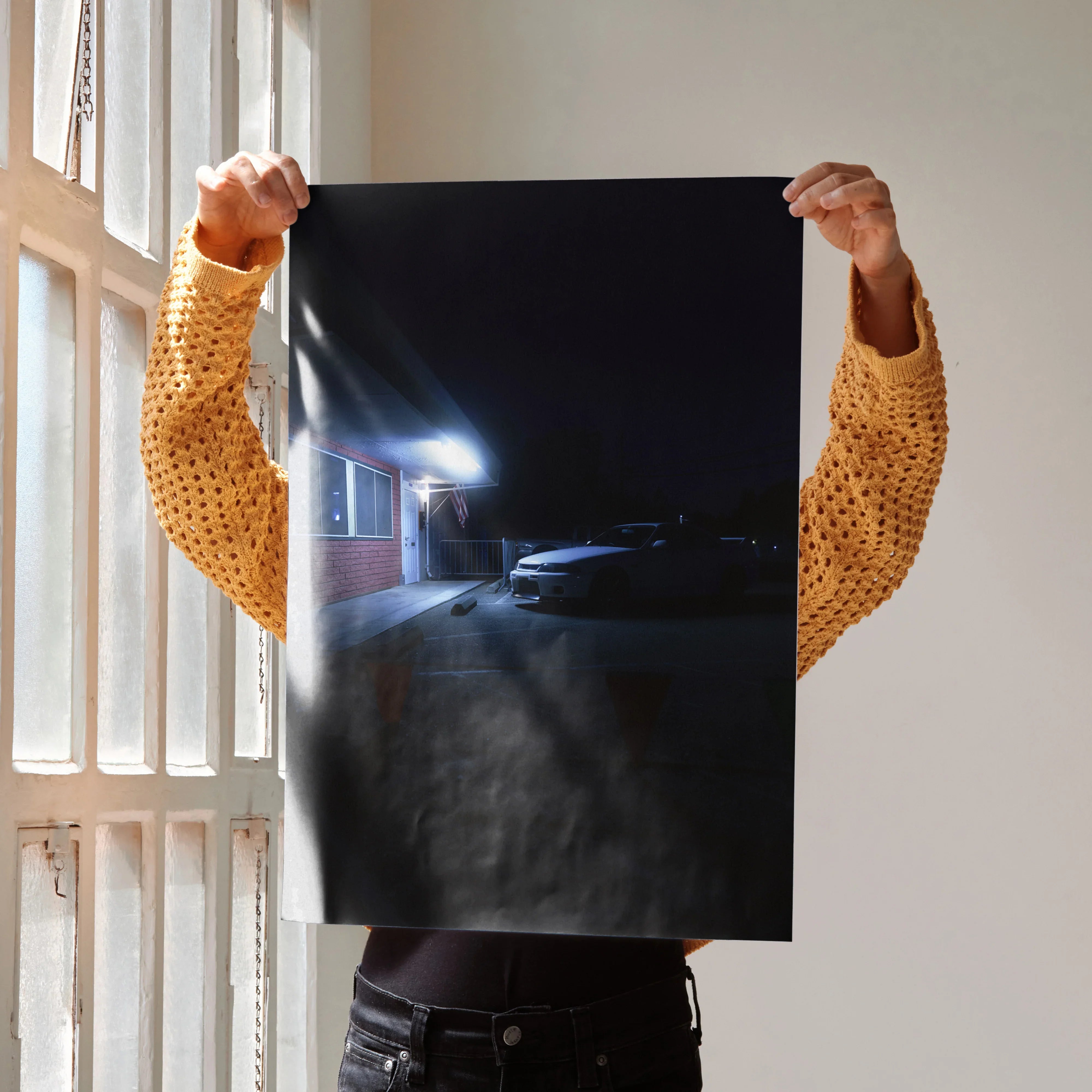 Nissan Skyline R33 GTS-T nighttime scene poster wall art with sleek car and illuminated streetlight.