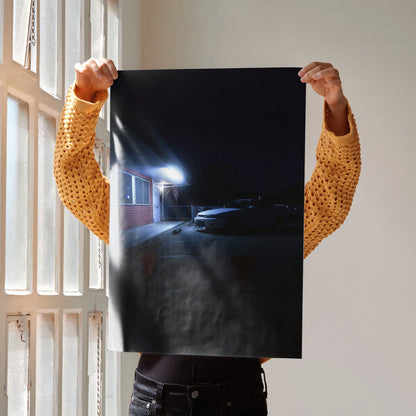 Nissan Skyline R33 GTS-T nighttime scene poster wall art with sleek car and illuminated streetlight.