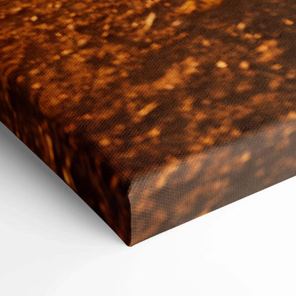 Close-up of brown textured canvas art corner with wrapped edges for wall art display.