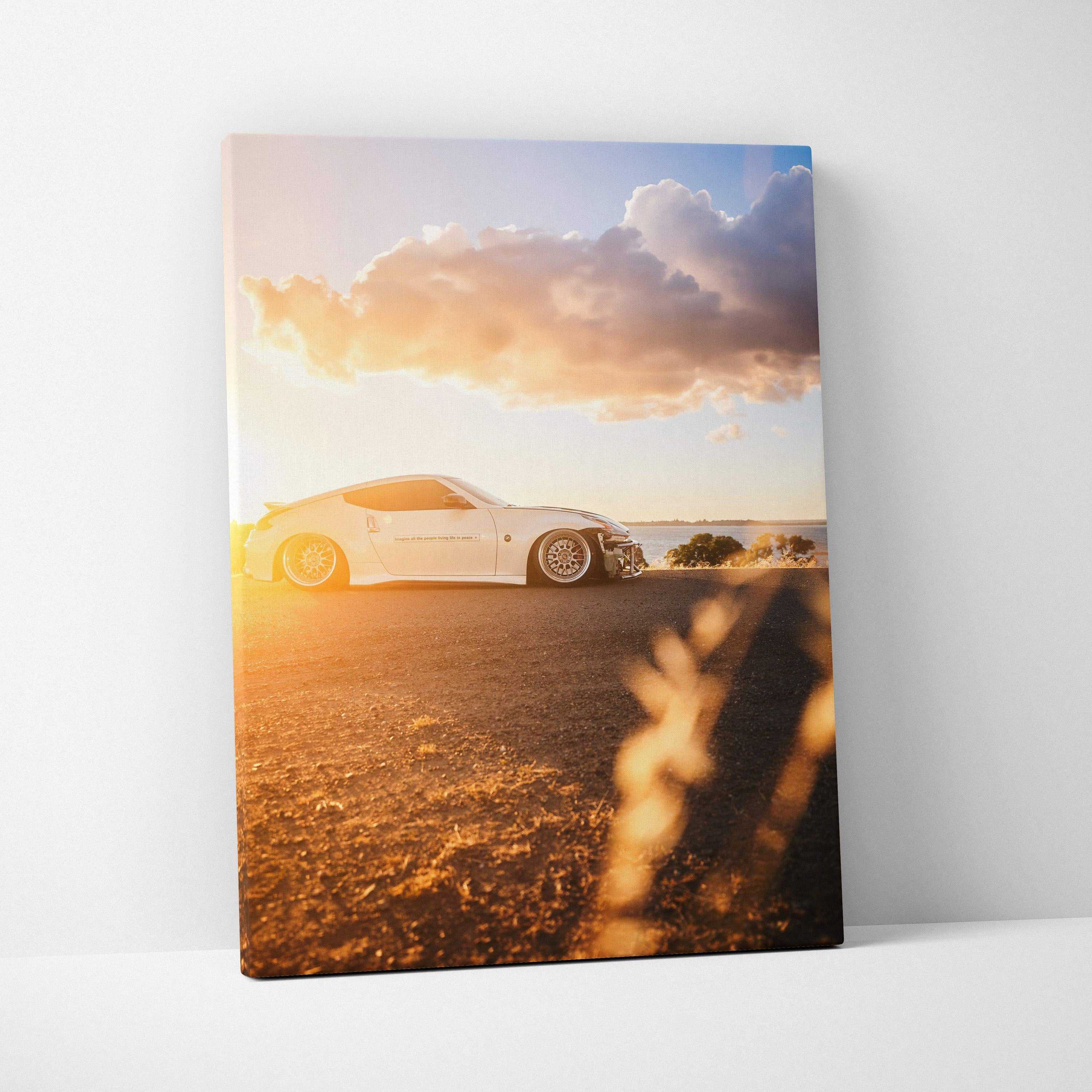 Nissan 370z sports car in sunset landscape vertical canvas wall art with warm tones.