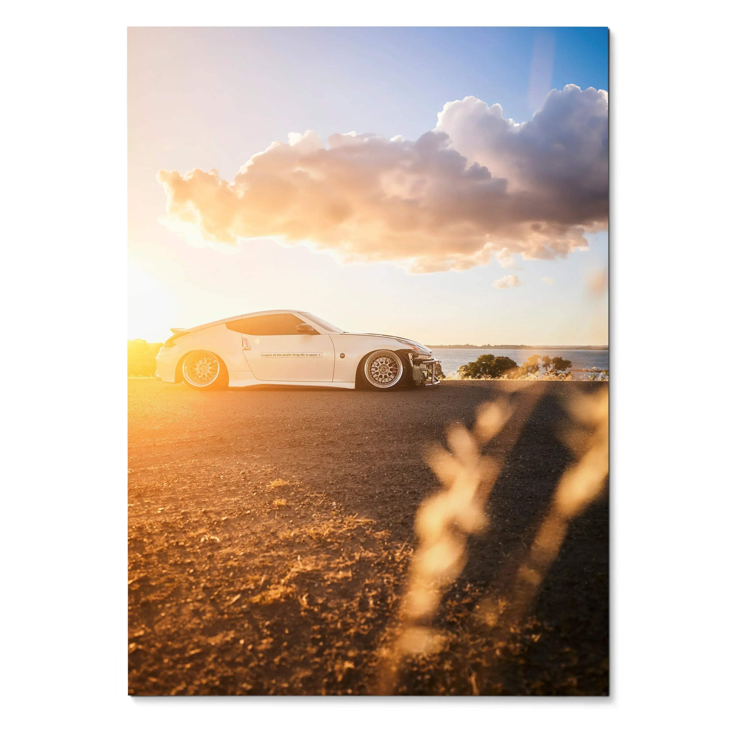 Nissan 370z parked on sunlit road at sunset with dramatic sky, high-resolution poster wall art.