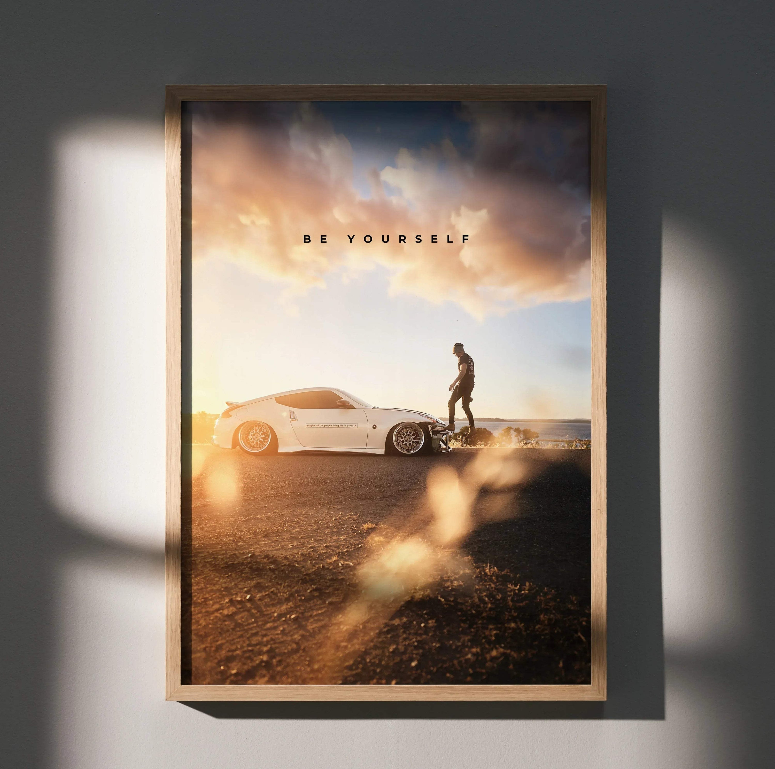 Motivational Poster with Nissan 370z and person walking at sunset, warm tones wall art.