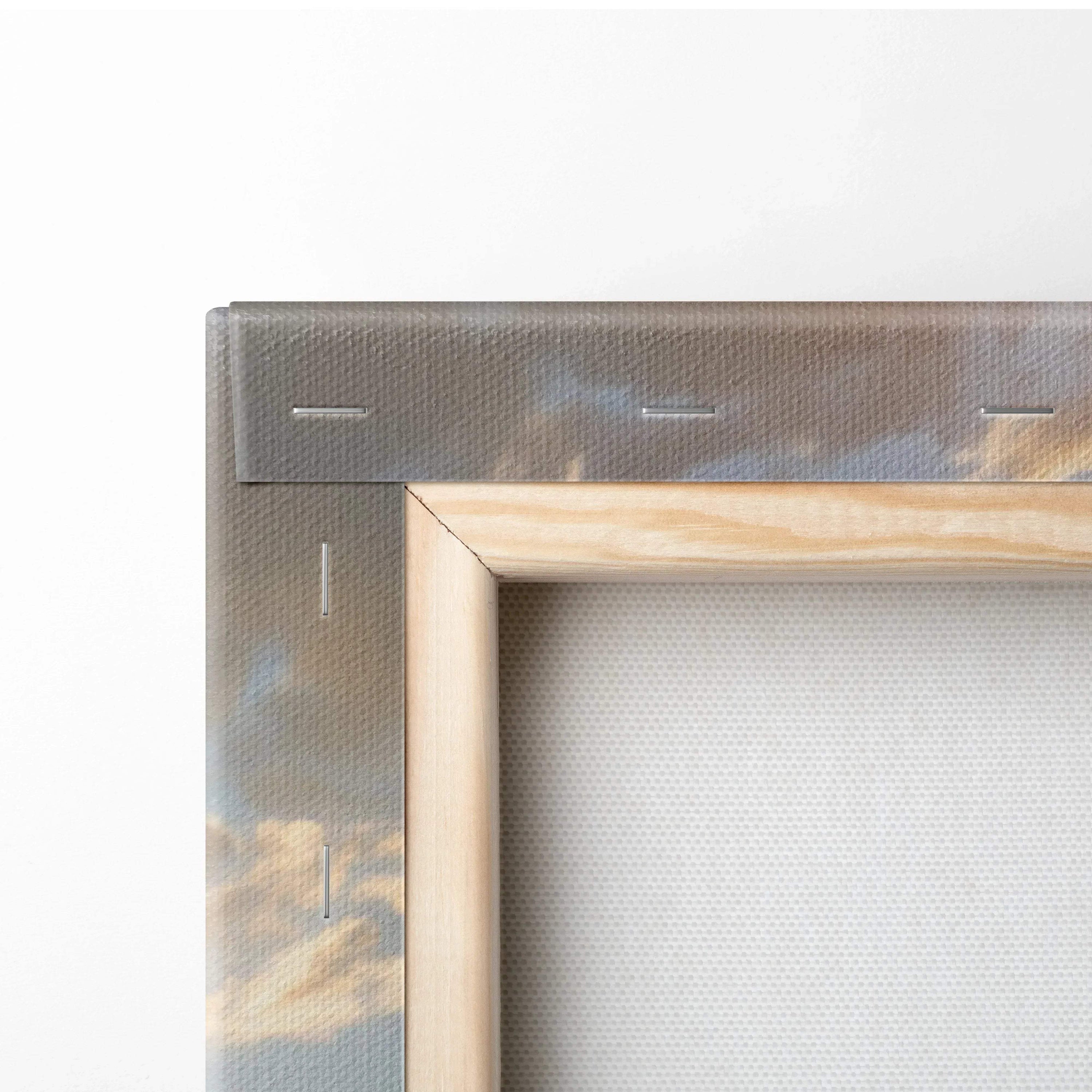 Close-up of wooden frame corner on Nissan 370z vertical canvas art with high-resolution print.