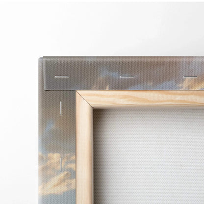Close-up of wooden frame corner on Nissan 370z vertical canvas art with high-resolution print.