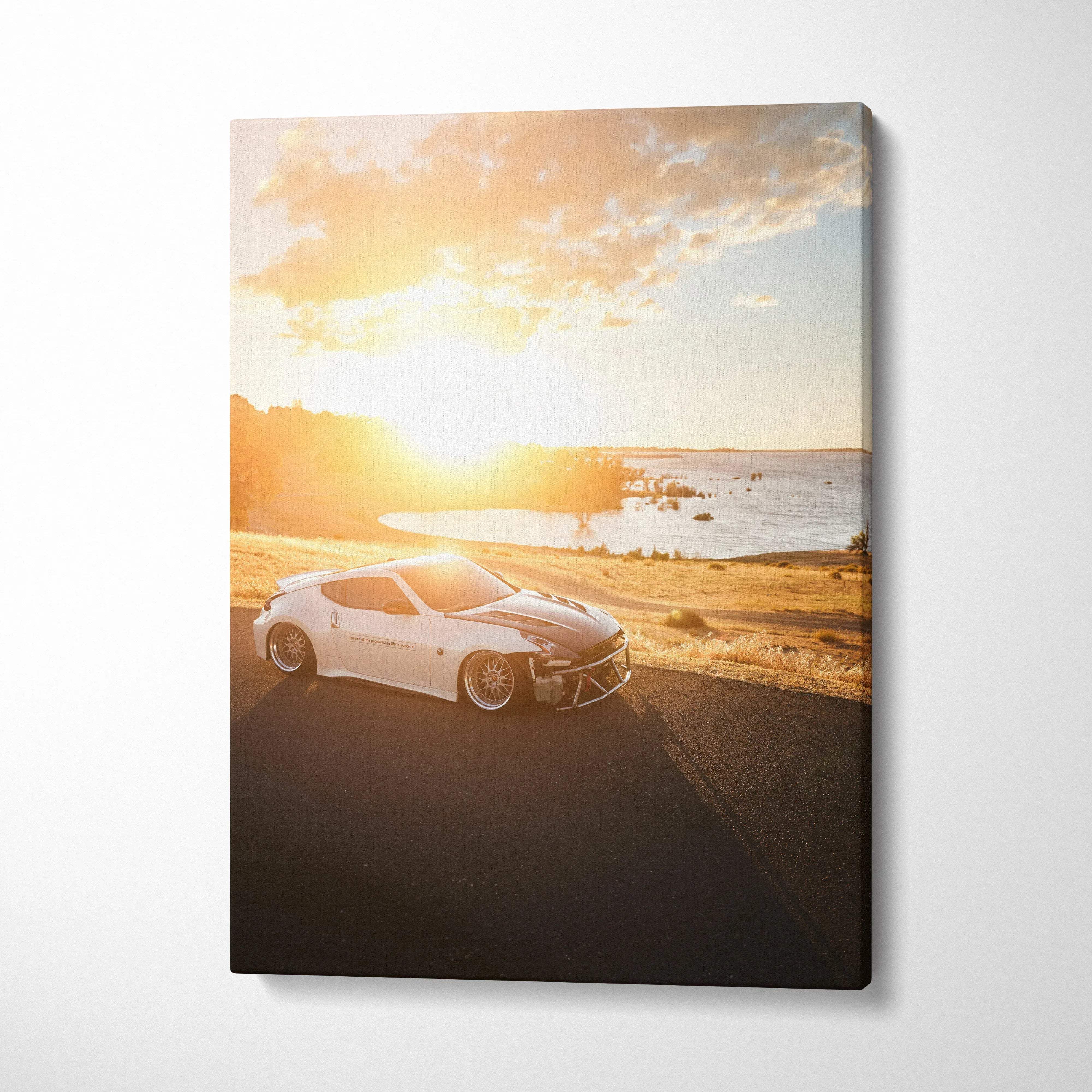Nissan 370z parked on road at sunset vertical canvas wall art with warm tones.