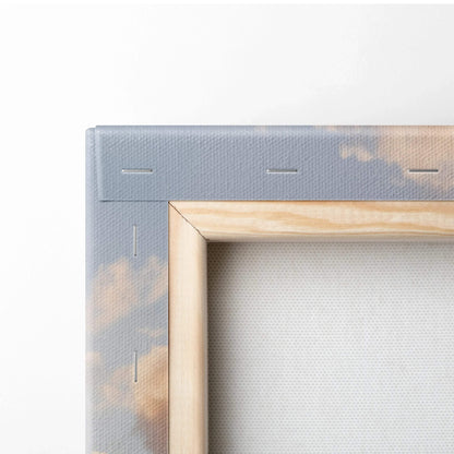 Close-up of wooden frame and stapled edges of high-resolution Nissan 370z vertical canvas wall art.