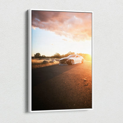 Sunset Nissan 370z driving on road high-resolution vertical canvas wall art.