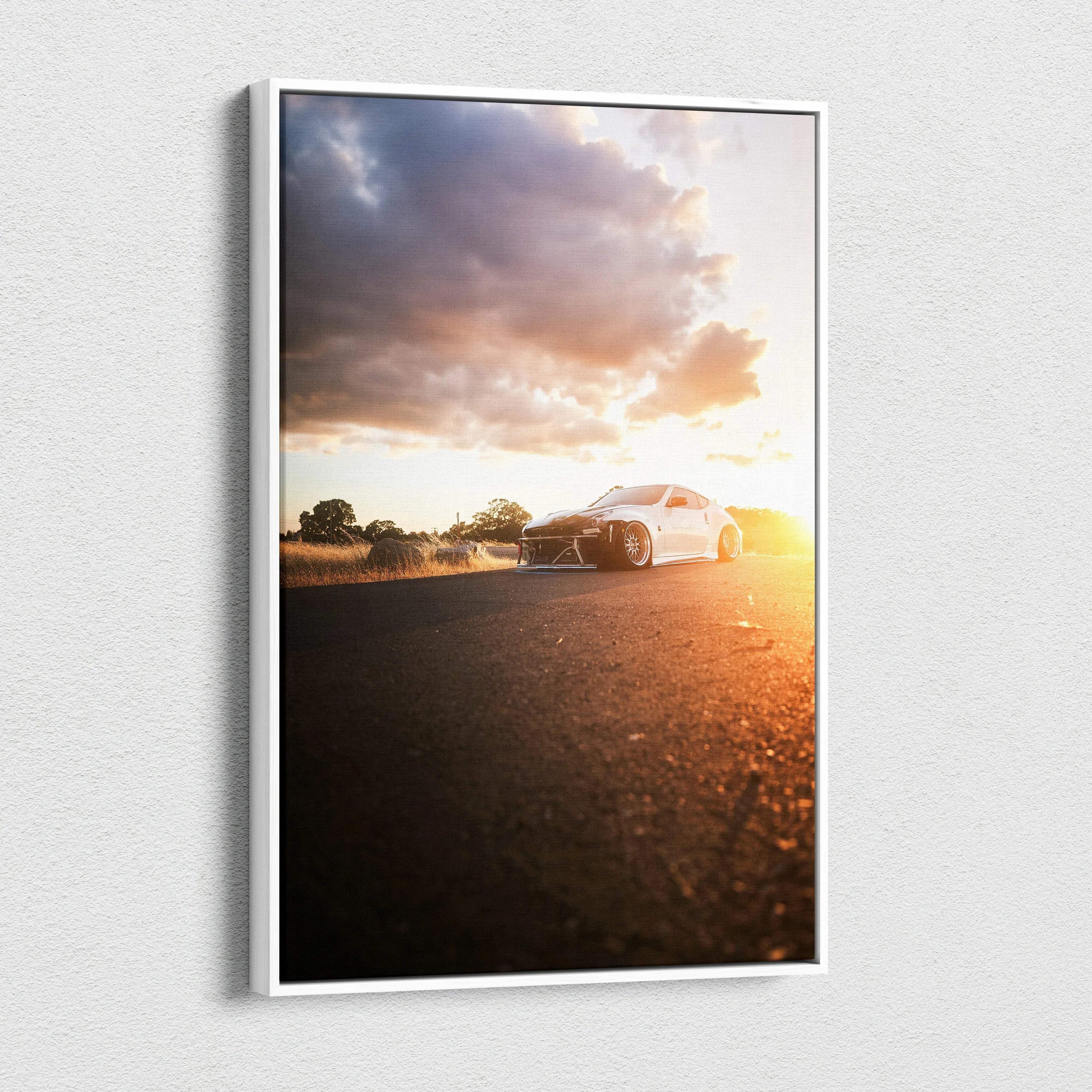 Sunset Nissan 370z on road with dramatic clouds vertical canvas wall art.