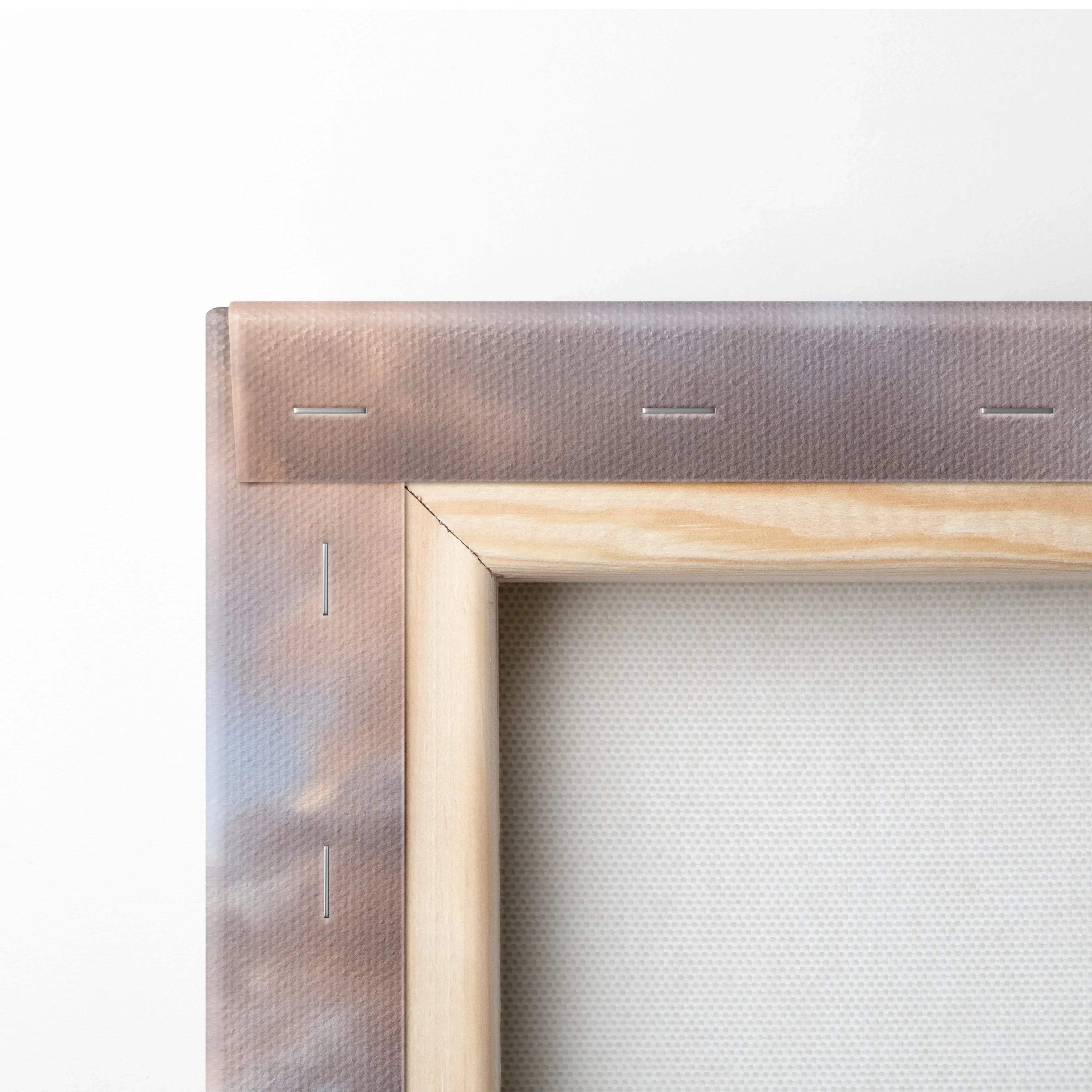 Corner close-up of wooden frame and canvas texture for vertical wall art print.