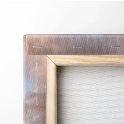 Corner close-up of wooden frame and canvas texture for vertical wall art print.
